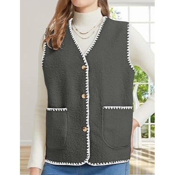 Womens Fuzzy Fleece Lightweight Vest Sleeveless Casual Button Down Sherpa Small - Picture 2 of 4